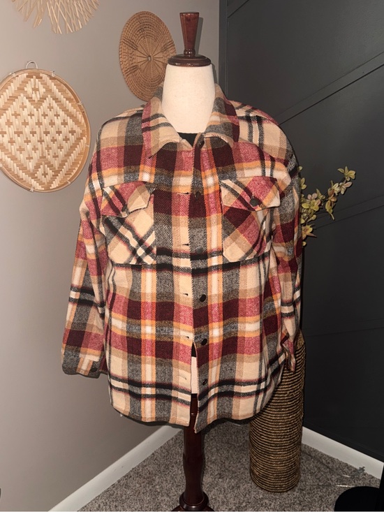 Source Unknown Jackets & Blazers - Boutique Plaid Shacket Jacket Cream & Burgundy cozy plaid trendy fall layer